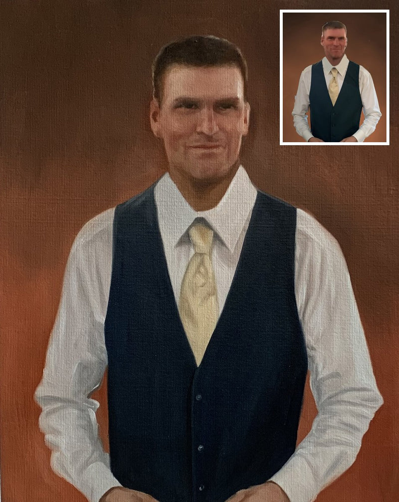 Custom hand-painted portrait from photo with original inset