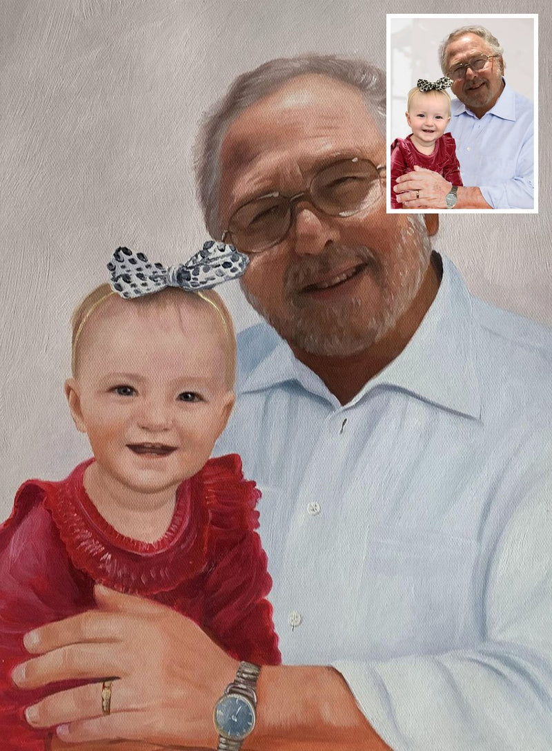 Custom hand-painted oil portrait from photo with original inset