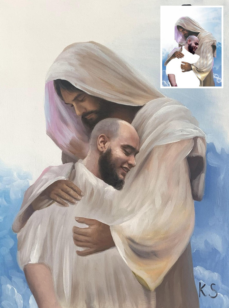 Custom hand-painted oil portrait from photo with original inset