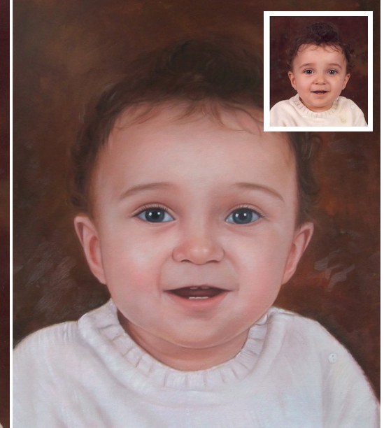 Hand-painted baby portrait from photo with original inset