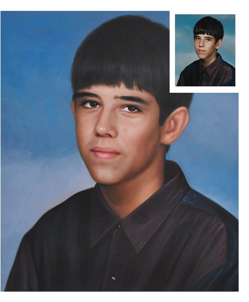 Hand-painted portrait of young man from photo with original inset