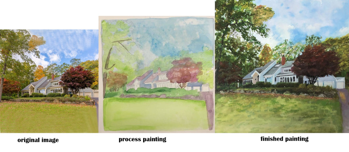 Photo to watercolor house painting process steps