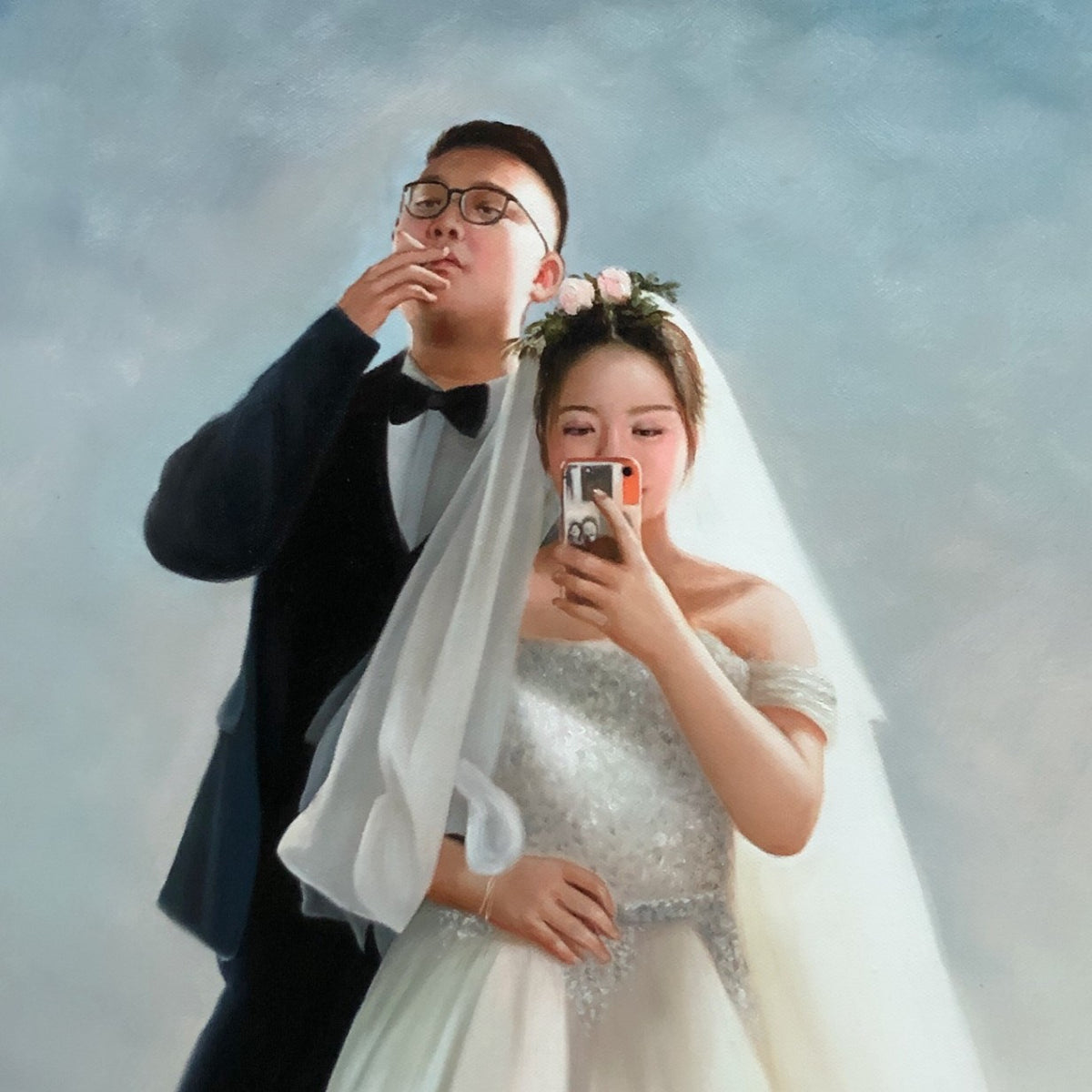 Hand-painted wedding portrait — bride selfie moment with groom